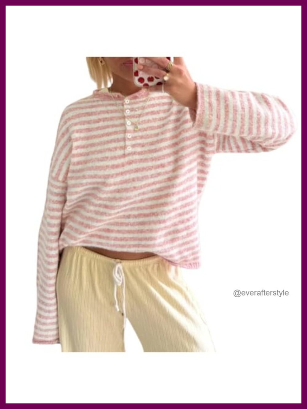 Striped Henley Sweater Long Sleeve Oversized Knit Pullover Top